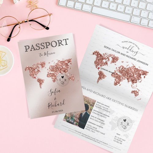 Wedding Destination Passport Rose Gold World Map Invitation