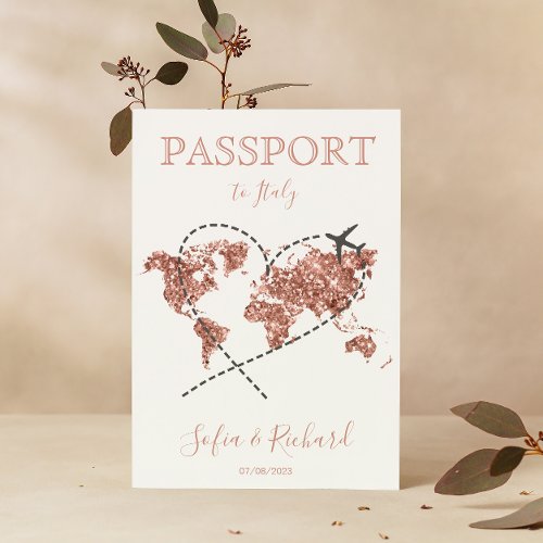 Wedding Destination Passport Rose Gold World Map Invitation
