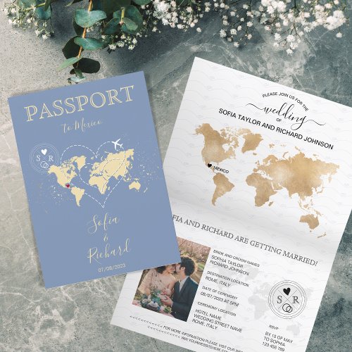 Wedding Destination Passport World Map Baby Blue Invitation