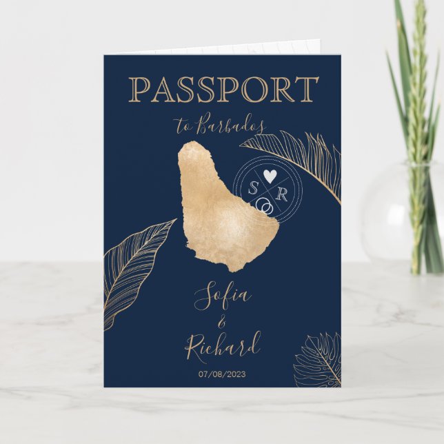Wedding Destination Passport World Map Barbados In Invitation (Front)