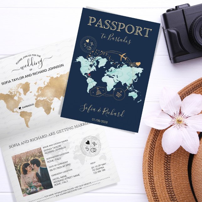 Wedding Destination Passport World Map Barbados Invitation (Creator Uploaded)