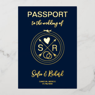 Wedding Destination Passport World Map Gold Foil Invitation