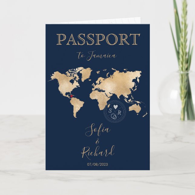 Wedding Destination Passport World Map JAMAICA Inv Invitation (Front)