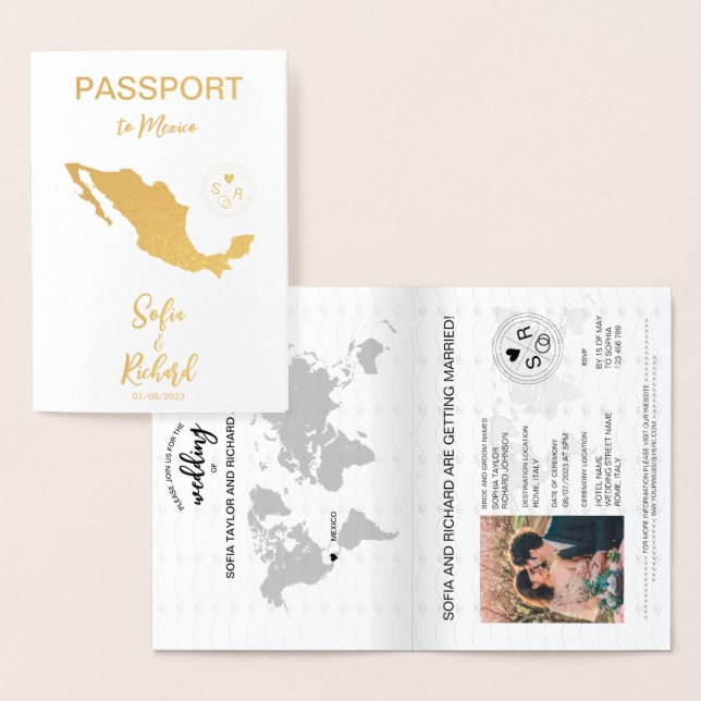 Wedding Destination Passport World Map Mexico Foil Card