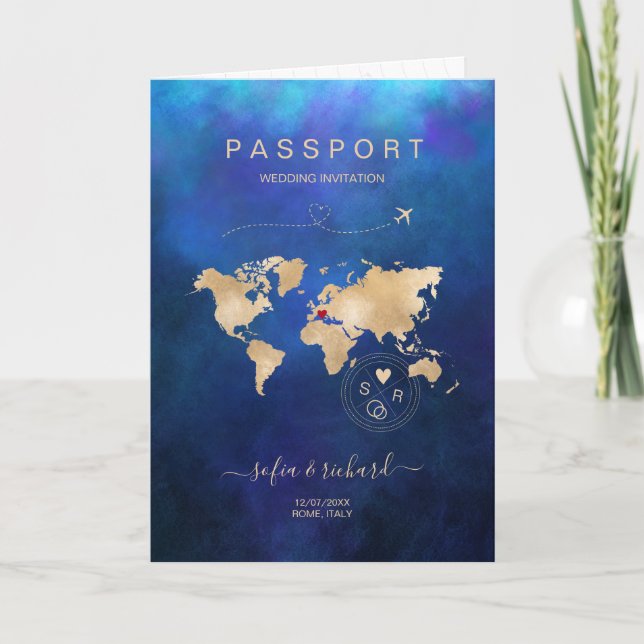 Wedding Destination Passport World Map Modern Navy Invitation (Front)