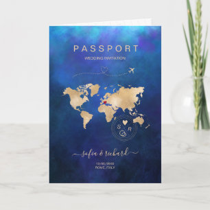 Wedding Destination Passport World Map Modern Navy Invitation