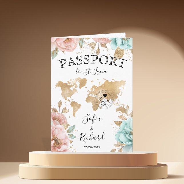 Wedding Destination Passport World Map St. Lucia Invitation (pink and blue peonies)