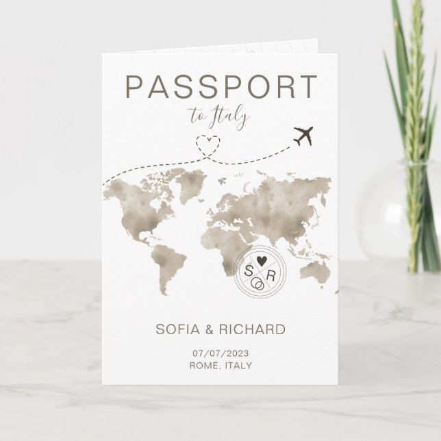 Wedding Destination Passport  World Map Travel  Invitation (Front)