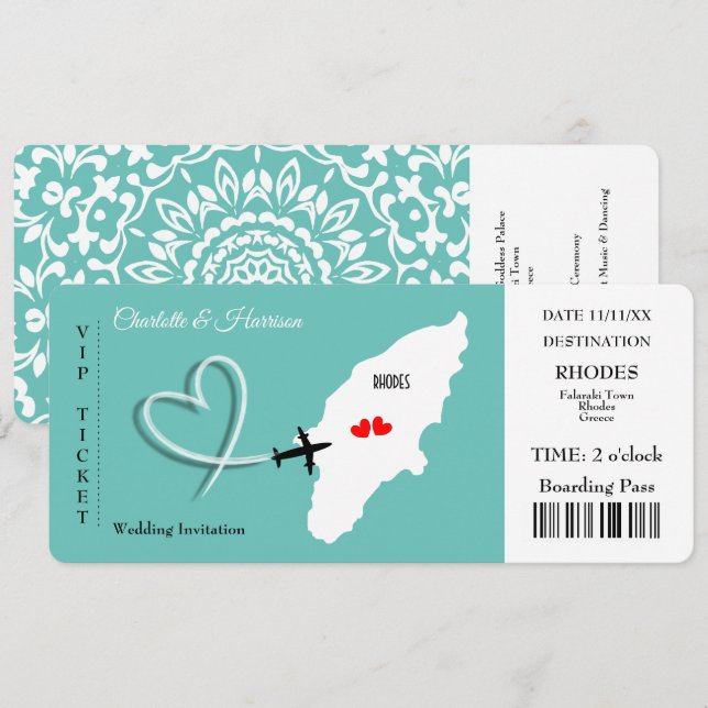 Wedding Destination Rhodes Ticket Boarding Pass Invitation (Front/Back)