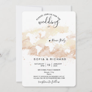 Wedding Destination Watercolor World Map Heart Inv Invitation