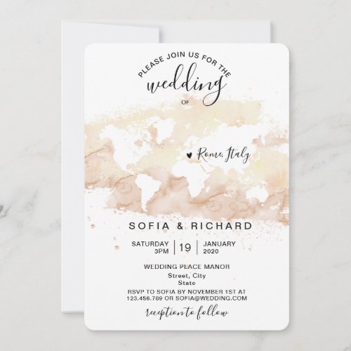 Wedding Destination Watercolor World Map Heart Inv Invitation