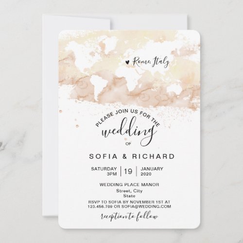 Wedding Destination Watercolor World Map Heart Inv Invitation