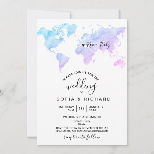 Wedding Destination Watercolor World Map Heart Invitation