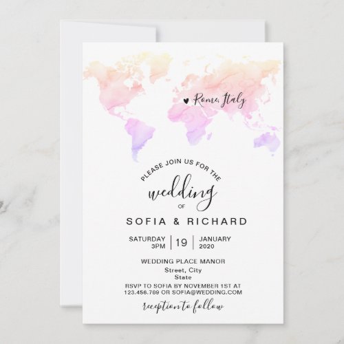 Wedding Destination Watercolor World Map Heart Invitation