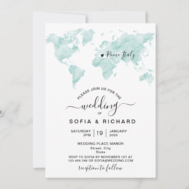 Wedding Destination Watercolor World Map Heart Invitation (Front)