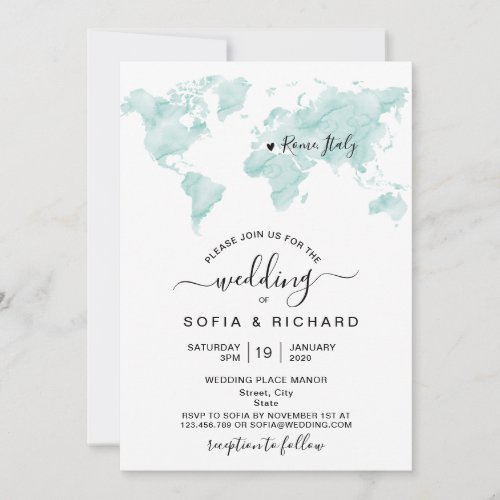 Wedding Destination Watercolor World Map Heart Invitation