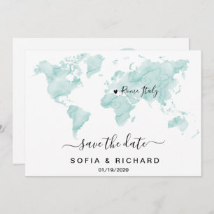 Wedding Destination Watercolor World Map Heart Invitation