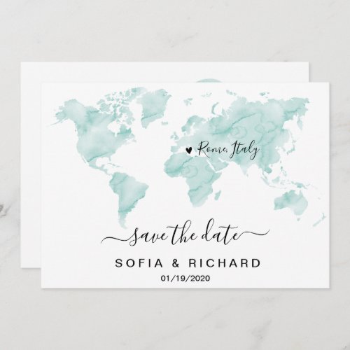 Wedding Destination Watercolor World Map Heart Invitation