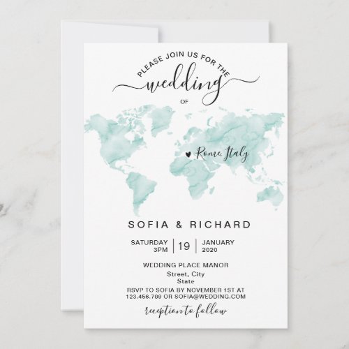 Wedding Destination Watercolor World Map Heart Invitation