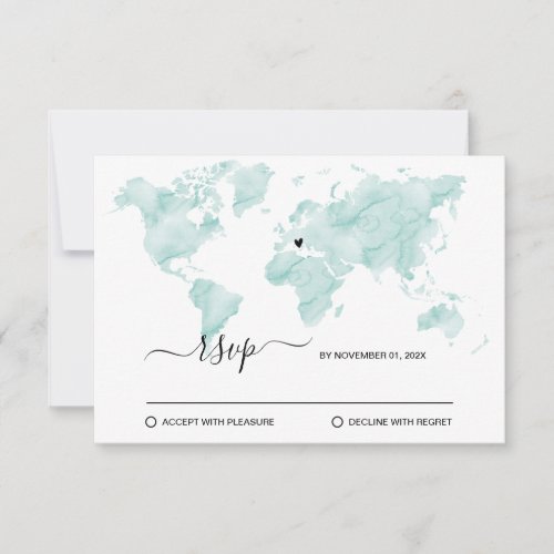 Wedding Destination Watercolor World Map Heart RSVP Card