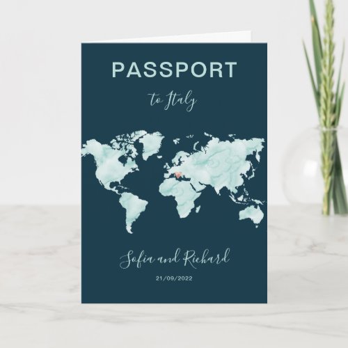 Wedding Destination Watercolor World Map Passport  Invitation