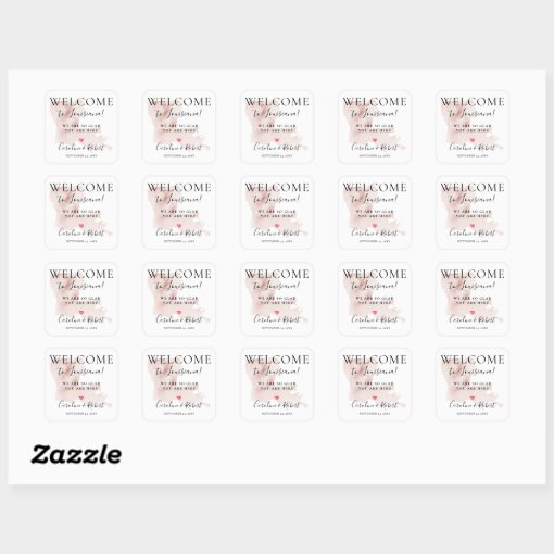 Wedding Destination Welcome Guests Favor Square Sticker | Zazzle