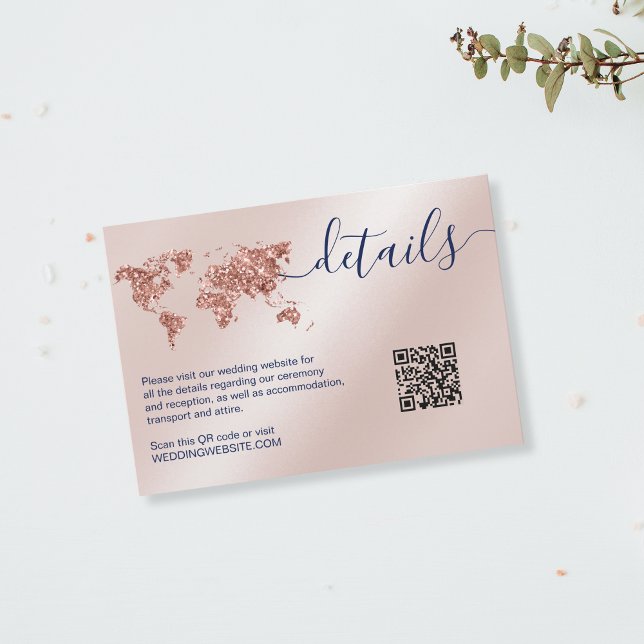 Wedding Destination World Map Details QR Code RSVP Card (rose gold glitter world map)