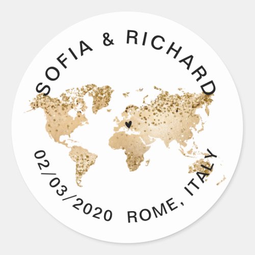 Wedding Destination World Map Gold Removable Heart Classic Round Sticker