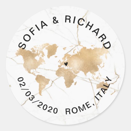 Wedding Destination World Map Gold Removable Heart Classic Round Sticker