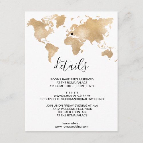 Wedding Destination World Map Gold Removable Heart Enclosure Card