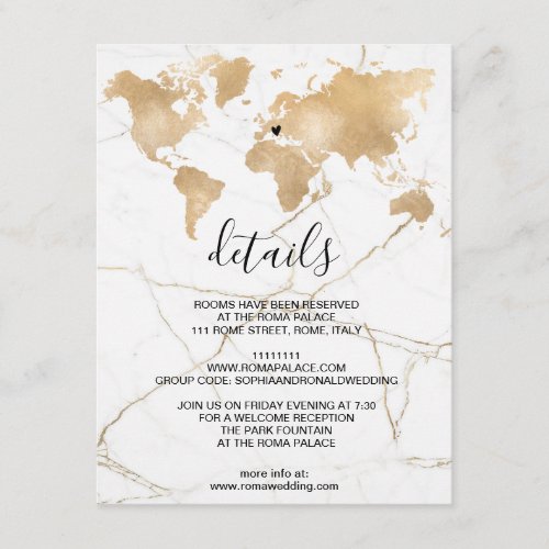 Wedding Destination World Map Gold Removable Heart Enclosure Card