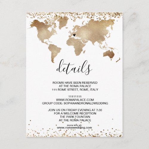 Wedding Destination World Map Gold Removable Heart Enclosure Card