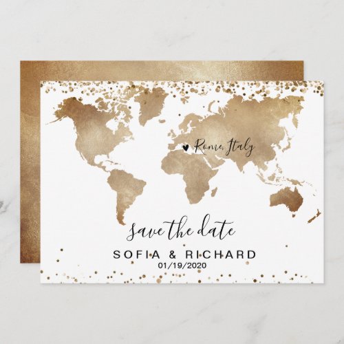 Wedding Destination World Map Gold Removable Heart Invitation