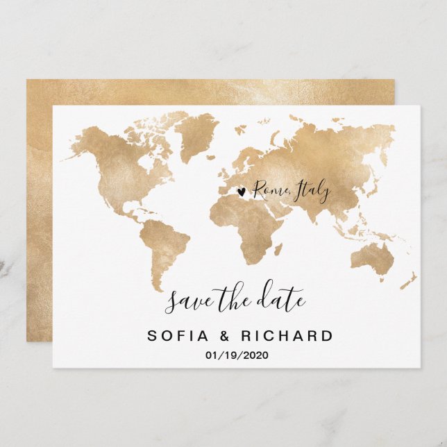 Wedding Destination World Map Gold Removable Heart Invitation (Front/Back)