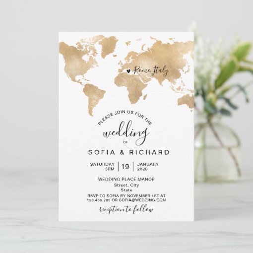 Wedding Destination World Map Gold Removable Heart Invitation | Zazzle