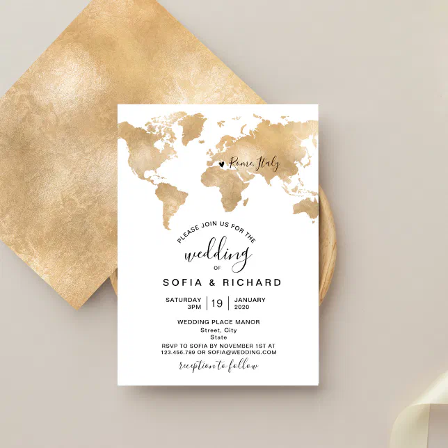 Wedding Destination World Map Gold Removable Heart Invitation | Zazzle