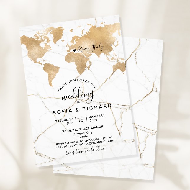 Wedding Destination World Map Gold Removable Heart Invitation (Creator Uploaded)
