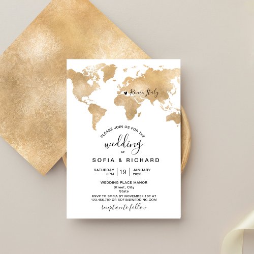 Wedding Destination World Map Gold Removable Heart Invitation