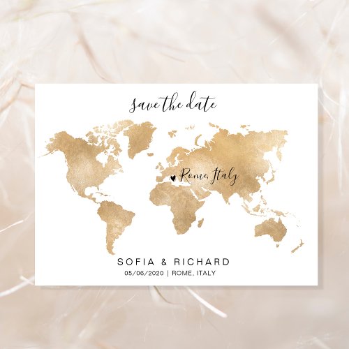 Wedding Destination World Map Gold Removable Heart Invitation