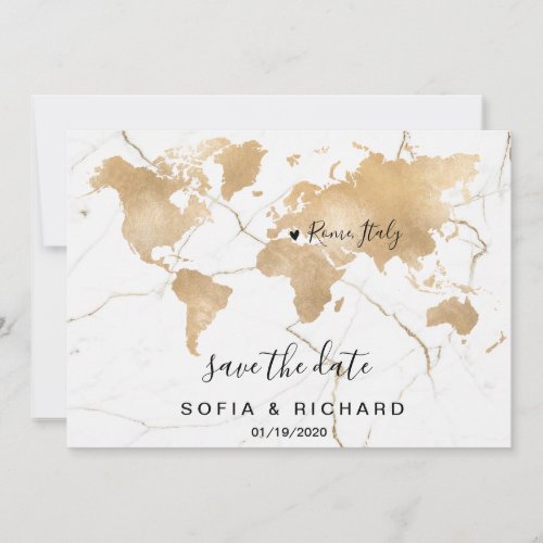 Wedding Destination World Map Gold Removable Heart Invitation