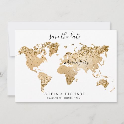 Wedding Destination World Map Gold Removable Heart Invitation