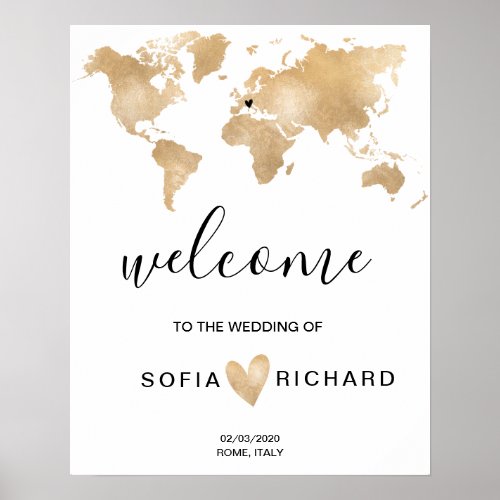 Wedding Destination World Map Gold Removable Heart Poster
