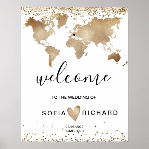 Wedding Destination World Map Gold Removable Heart Poster