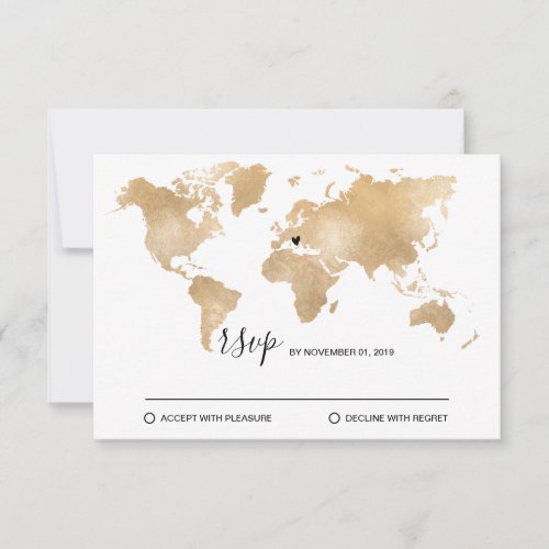 Wedding Destination World Map Gold Removable Heart RSVP Card