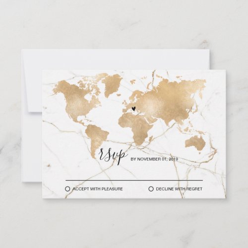 Wedding Destination World Map Gold Removable Heart RSVP Card