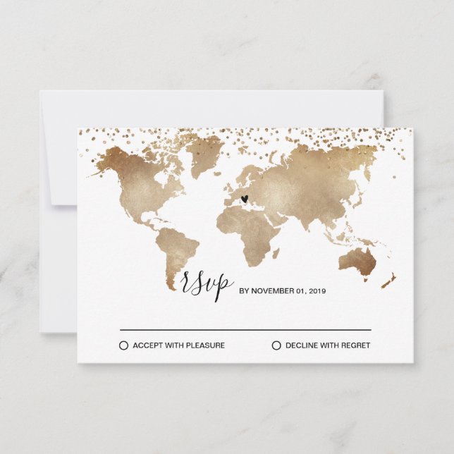 Wedding Destination World Map Gold Removable Heart RSVP Card (Front)