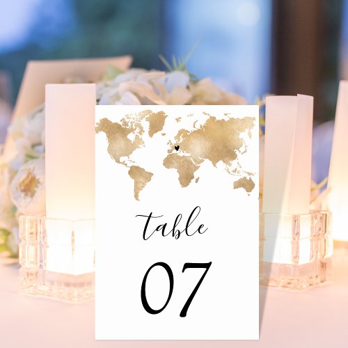 Wedding Destination World Map Gold Removable Heart Table Number