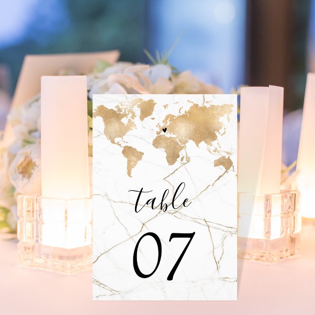 Wedding Destination World Map Gold Removable Heart Table Number (Creator Uploaded)