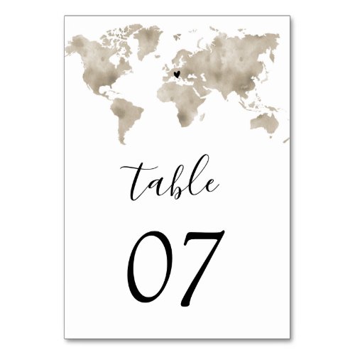 Wedding Destination World Map Gold Removable Heart Table Number