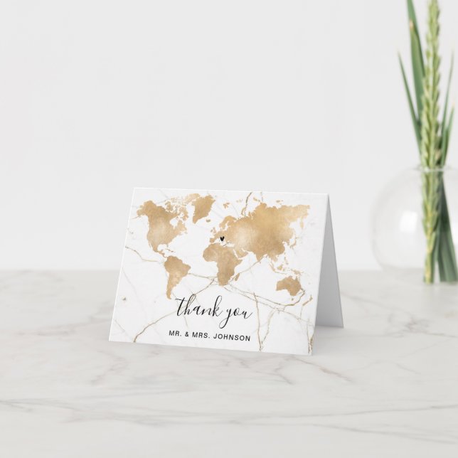 Wedding Destination World Map Gold Removable Heart Thank You Card (Front)